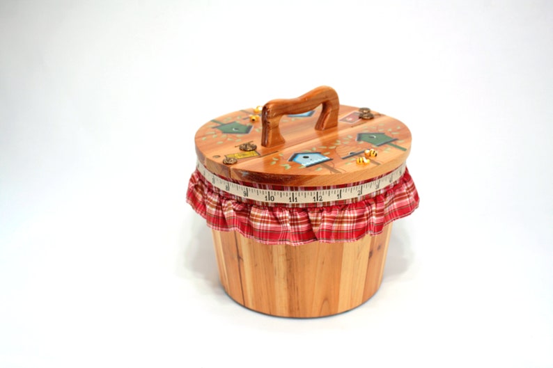 Charming Birds & Bees Sewing Basket Box Bucket Upcycle Wooden Hand Painted, Red Plaid Lining, Miniature Bees, Gift for Needleworker, Quilter image 2