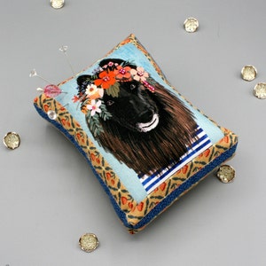 Dog Pincushion Brown Puppy Pin Cushion Belgian Sheepdog 5x6.5x3&quot; Handmade, Beaded, Collectible, Quilting or Sewing Buddy, Dog Person, Gift