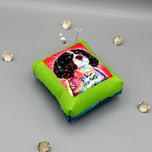 Beaded Dog Pincushion Modern Doggie Daze Pin Cushion Pop Art Puppy 4x4.5x2&quot; Colorful Warhol Style, Sewing Buddy, Collector, Dog Person, Gift