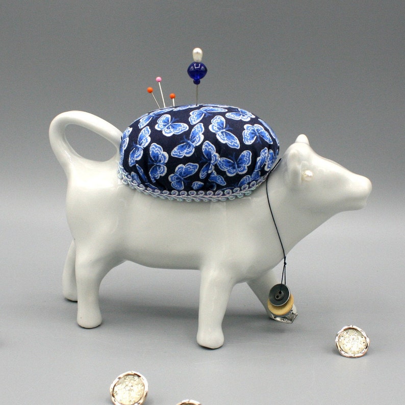 Crafter Gift Idea Blue Butterfly Fabric Home Decor Sewing Collectible Sewist Needleworker Quilter Cow Creamer Pincushion Pin Cushion
