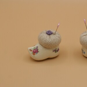 Shoe Pincushion Dutch Pin Cushion, Repurposed Ceramic Little Shoe, Tiny Print Cotton Fabric, Button, Decorative Sewing Collectible Gift Idea