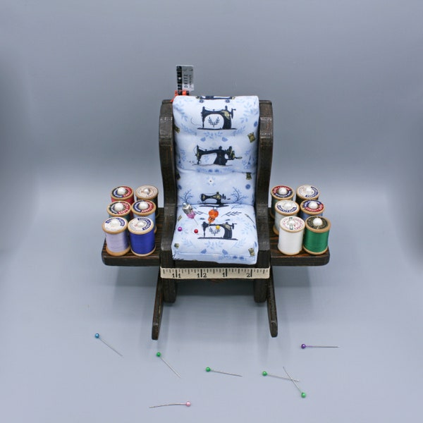 Rocking Chair Pincushion Organizer Vintage Folk-Art Updated, 12 Spool Pins, Scissor Holder, Blue Sewing Machine Fabric, Tufted Pin Cushion