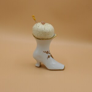 Shoe Pincushion Elegant Boot Pin Cushion, Upcycled White China, Gold Accents, Limoges France, Beige Print Cotton Fabric, Sewing Collectible