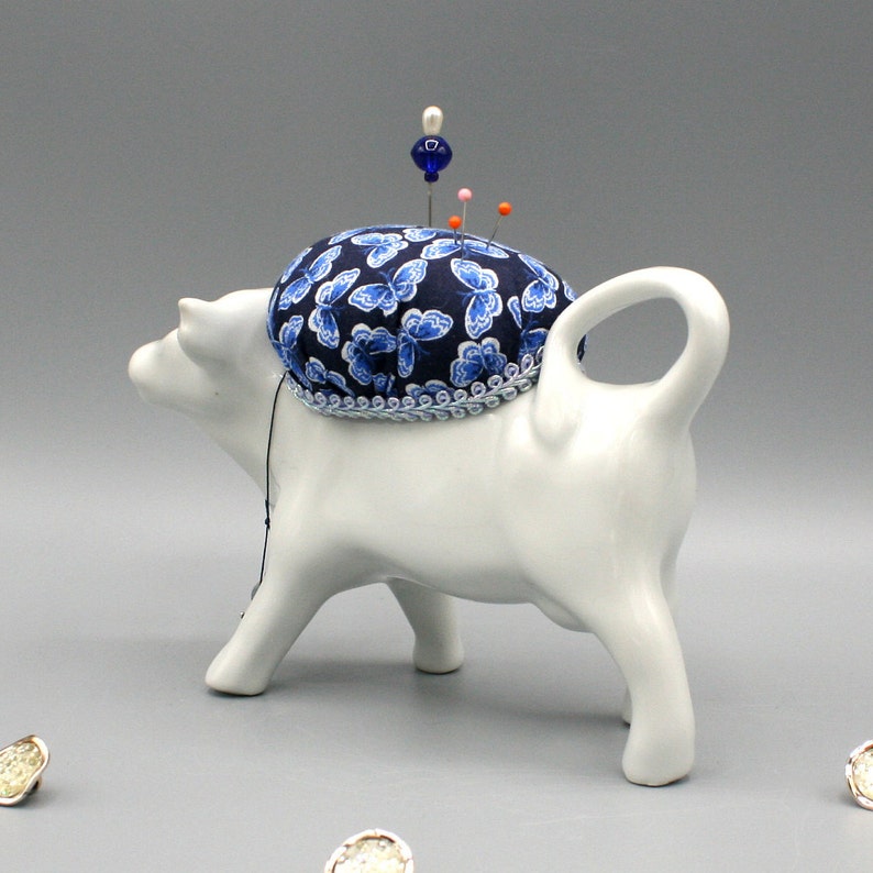 Crafter Gift Idea Blue Butterfly Fabric Home Decor Sewing Collectible Sewist Needleworker Quilter Cow Creamer Pincushion Pin Cushion