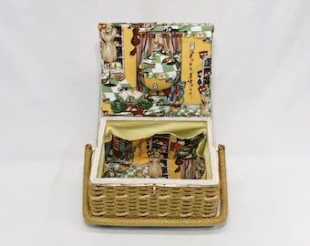 Cats In Sewing Room Sewing Basket Box Vintage Restored 11x9x6.5", Handmade Lining 8 Pockets, Pincushions, Sewist, Quilter, Needleworker Gift