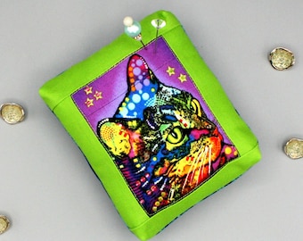 LOOK! Cat Kitten Pincushion "Sparkle" designer fabric Modern Pop Art Kitten 4x4.5x2" Sewing Buddy, Cat Person, Quilter,  Business Closing #6