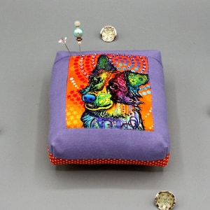 Colorful Dog Pincushion Beaded Modern Pop Art Puppy Pincushion 4x4.5x2, Warhol Style. Dog Person, Sewing Buddy, Quilter, Collector, Gift