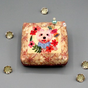Pincushion Cute White Dog Puppy Pin Cushion, 4x4x2, Floral Pets Fabric, Beaded, Dog Person, Quilting, Sewist, Needleworker, Crafter, Gift