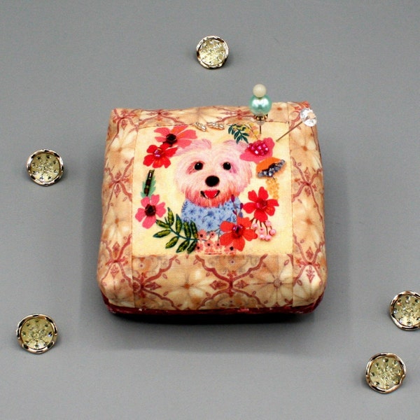 Pincushion Cute White Dog Puppy Pin Cushion, 4x4x2, Floral Pets Fabric, Beaded, Dog Person, Quilting, Sewist, Needleworker, Gift Idea