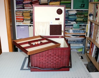 Large Sewing Basket Box Vintage Restored 14x14x10.5" Mahogany, Original Fabric, Lining, Organizing Tray, Sewing, Quilting, Knitting, Storage