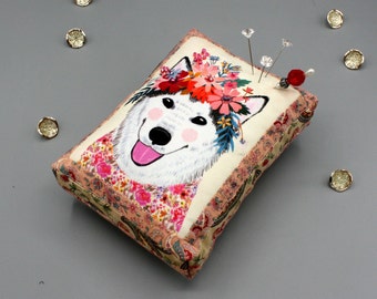 White Husky Dog Puppy Pincushion Pin Cushion Pinkeep 5x6.5x3", Floral Pets Fabric, Beaded, Dog Person, Quilting Buddy, Sewing Pal, Gift