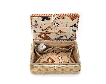 Cat Lover Sewing Basket Box Vintage Restored 10x7x6.5, Mr. Paws Designer Fabric, Handmade Lining, 6 Pockets, Organization, Pincushion Ring