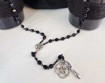 Gothic Lunar Goddess Pagan Rosary Dark Goddess Pentagram Black Rosary