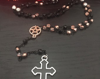Gothic Pagan Pentagram & Cross Rosary Style Necklace