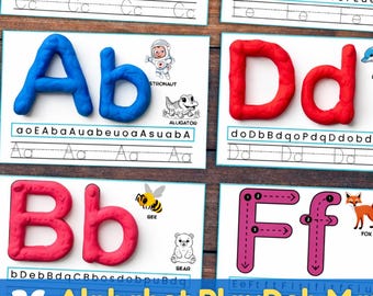 Tapetes de plastilina con el alfabeto para imprimir en preescolar, actividades para niños pequeños, práctica de trazado del abecedario para educación en casa, plastilina, preescolar y jardín de infantes.