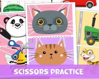 Práctica de tijeras para niños en edad preescolar. Imprimible para practicar corte. Hojas divertidas de recortar y pegar. Práctica de motricidad fina. Tiras imprimibles.