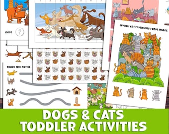 Preschool Worksheets with Cats and Dogs. Pet theme quite activities workbook. Homeshooling activities prek, kindergarten.