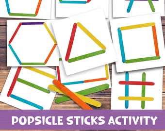 Popsicle Sticks Shapes Cards. Popsicle Sticks Activity for Toddlers. Toddlers Montessori.Preschool Printables for Kids. Homeschool Resources