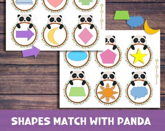 Toddler Matching Shapes Activity Printable pdf pages. Cute Panda. Preschool Homeschool Montessori Learning Binder