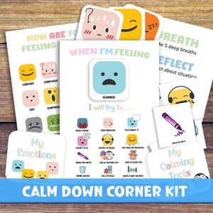 Kit de rincón de calma para niños. Tarjetas y carteles imprimibles para calmar las emociones. Carteles educativos. Imprimible para niños pequeños y preescolares