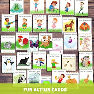 Cartes d'action pour les enfants d'âge préscolaire. Cartes de déplacement d'animaux. Cartes de mouvement pour enfants. Jeux pour tout-petits. Activités à imprimer pour la pause cerveau, kinésithérapie,