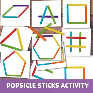 Attività con bastoncini di ghiacciolo per bambini piccoli. Gioco di forme di bastoncini di ghiacciolo. Stampabili Montessori per bambini in età prescolare per bambini. Risorse per l'istruzione domiciliare