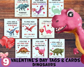 Tarjetas de San Valentín de dinosaurios, editables e imprimibles, para niños. Tarjetas de San Valentín bonitas o etiquetas con opción de editar con Canva. Regalos para el aula y la escuela.