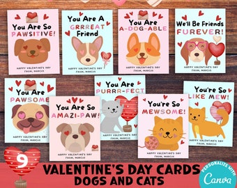 Tarjetas de San Valentín editables e imprimibles con perros y gatos. Tarjeta o etiqueta de San Valentín con cachorros para niños y escuelas. Editar con Canva. Aula.