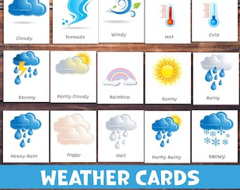 Cartões meteorológicos. Materiais de atividades pré-escolares. Recursos de aprendizagem para crianças pequenas. Cartões pré-k. Educação em casa, cartões de sala de aula.