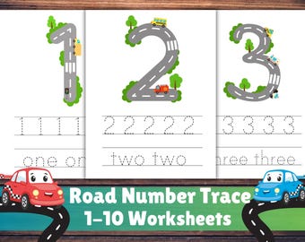Hojas de trabajo de trazado de números para preescolar con temática de coches, números para trazar, hojas de trabajo imprimibles del 1 al 10 para trazar números, trazo para niños, práctica de escritura a mano