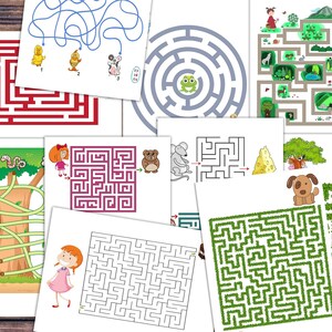 May include: A set of ten printable maze activity sheets featuring various themes, including a jungle, a forest, and a farm. Each maze has a different design and difficulty level, making it suitable for children of all ages.
