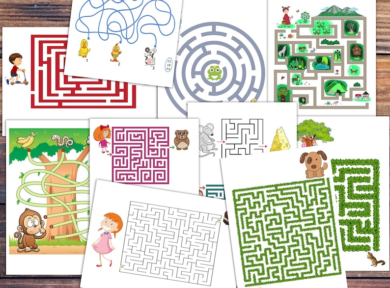 May include: A set of ten printable maze activity sheets featuring various themes, including a jungle, a forest, and a farm. Each maze has a different design and difficulty level, making it suitable for children of all ages.