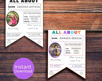 First Day of School Printable Flag, All About Me Worksheet (Digital Download)