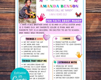 Plantilla de información para niños de regreso a clases: Todo sobre mí. Profesor, terapeuta, necesidades especiales, sustituto, trastorno del habla, autismo. PLANTILLA EDITABLE.