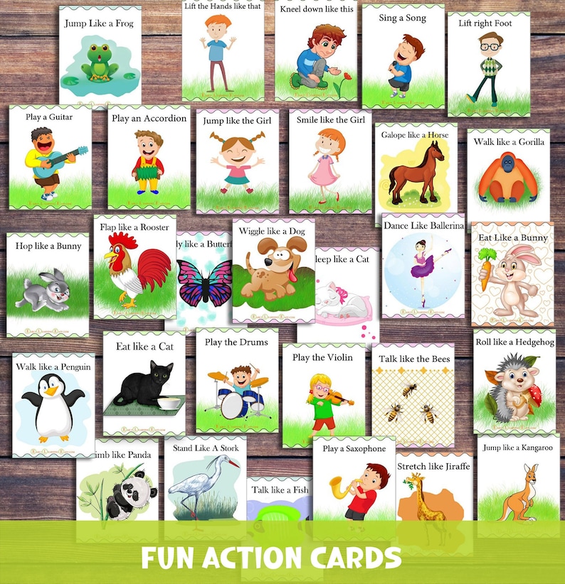 Cartões de ação pré-escolar. Cartões de movimento animal. Cartões de movimento para crianças. Jogos para crianças. Atividades de quebra cerebral para impressão, Fisioterapia, imagem 1