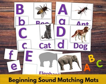 Juego imprimible de emparejamiento de letras con sonidos iniciales / Tarjetas del alfabeto para preescolar y jardín de infantes / Tapetes de fonética del alfabeto para educación en el hogar