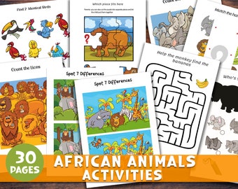 Safari Animals Preschool Worksheet Activities. Travel Printable. Fun Learning Materials for Pre-k. Mazes, Puzzles, Find the Difference.