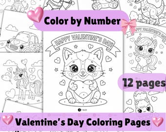 Hojas de trabajo para colorear por números del Día de San Valentín, lindas páginas de actividades para niños, actividades imprimibles, 12 páginas fáciles para colorear para niños, preescolar, prek