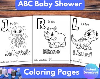 Libro para colorear imprimible del abecedario para baby shower, juego de actividades educativas con páginas para colorear del alfabeto de animales, primer libro del abecedario para bebés, descarga digital.