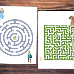 May include: Two mazes on white paper. The first maze is a circle with a frog in the center. The second maze is a square with a dog at the top.