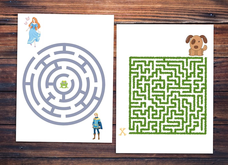 May include: Two mazes on white paper. The first maze is a circle with a frog in the center. The second maze is a square with a dog at the top.