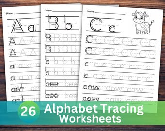 26 hojas de trabajo imprimibles para trazar el alfabeto. Conozco mis letras, ABC, preescolar-KDG. Lectoescritura. Escritura a mano y fonética para preescolar y kínder.