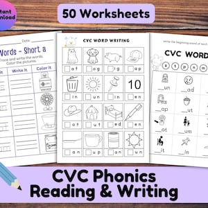 50 CVC Writing Reading Worksheets, No-Prep Phonics Morning Work, First Grade, Kindergarten Literacy Folder, Spelling Easy Kids Printables