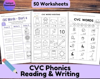 50 hojas de trabajo de escritura y lectura CVC, actividades matutinas de fonética sin preparación, carpeta de alfabetización para primer grado y jardín de infantes, imprimibles fáciles de ortografía para niños