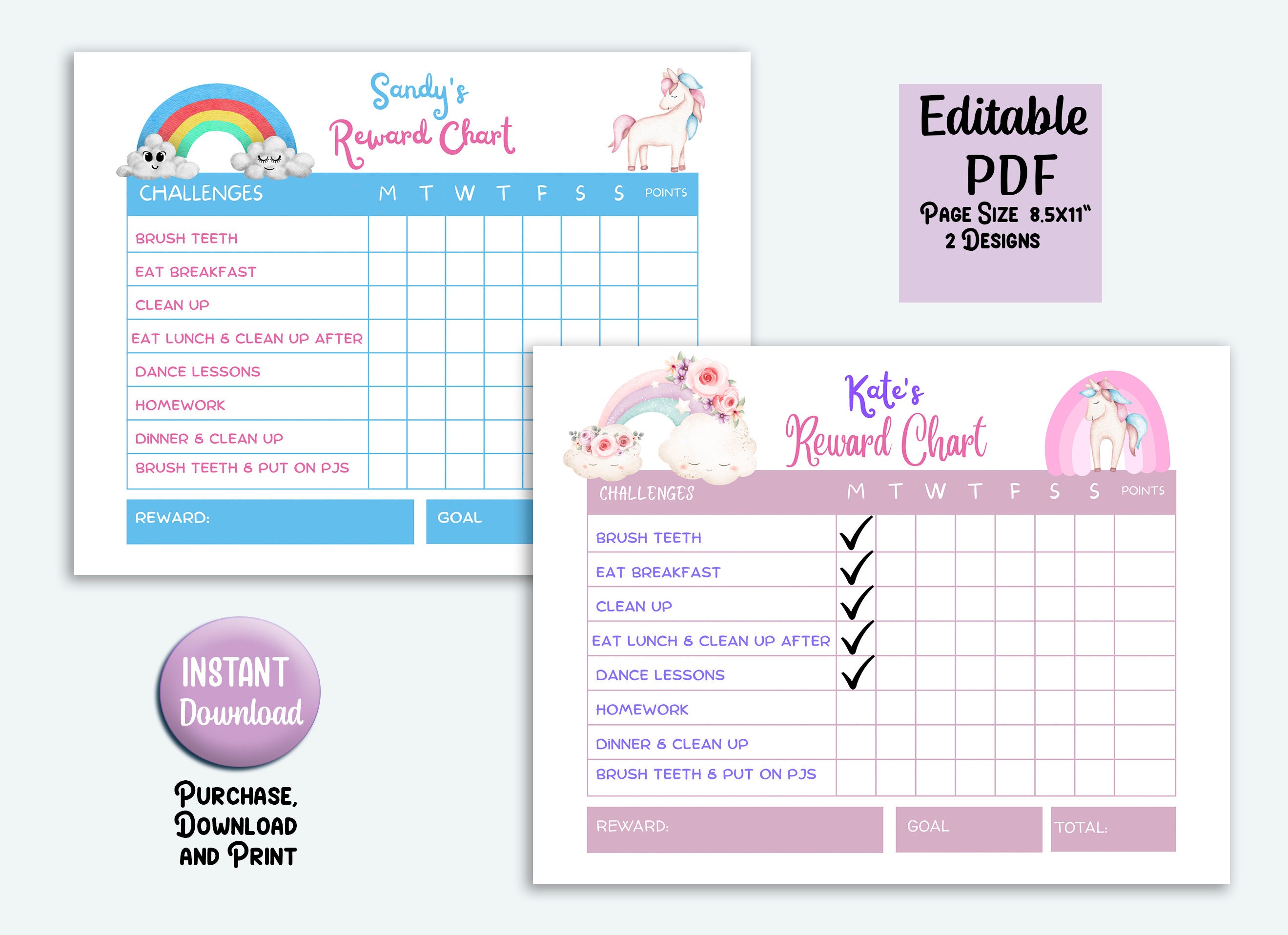 Printable Reward Chart for Kids, Unicorn Editable Chore Chart, Magical ...