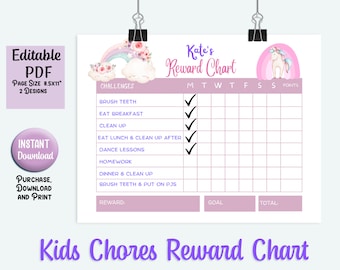 Bearbeitbare Aufgaben und Aufgaben Diagramm Regenbogen Einhorn Belohnung Checkliste Kinder Jugendliche Wöchentliche & Tägliche Aufgaben Mädchen Chore Chart Motivational