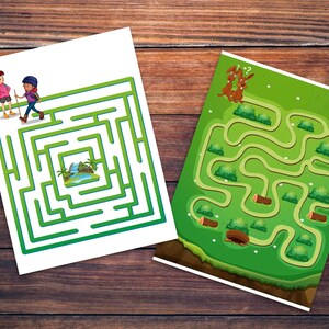 May include: Two mazes on white paper. The first maze has a green path and features two people walking through it. The second maze has a green path and features two rabbits at the top.
