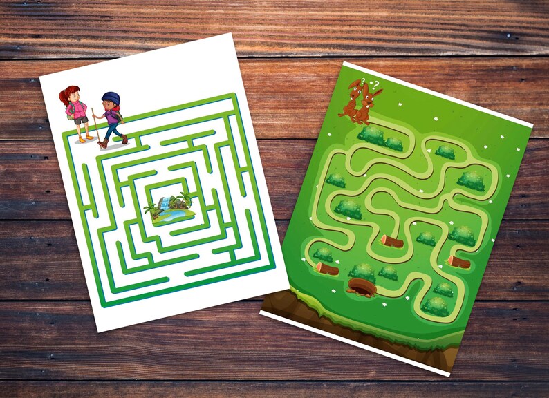 May include: Two mazes on white paper. The first maze has a green path and features two people walking through it. The second maze has a green path and features two rabbits at the top.