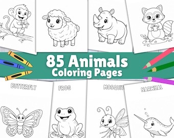 Libro para colorear de 85 animales para niños, páginas para colorear fáciles para niños pequeños, actividades de aprendizaje para preescolares imprimibles, descarga digital, preescolar