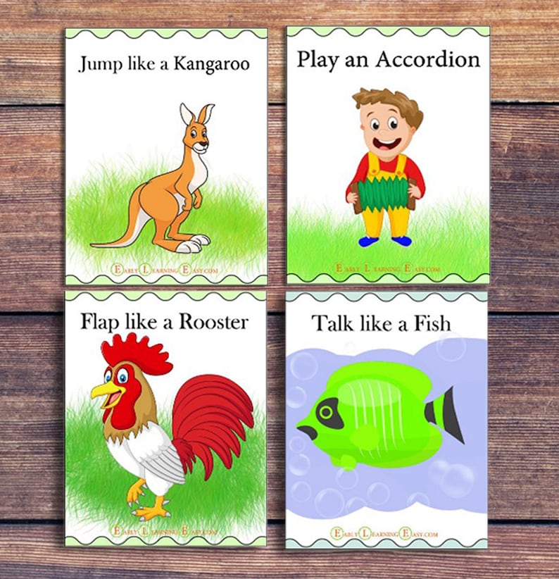 Cartões de ação pré-escolar. Cartões de movimento animal. Cartões de movimento para crianças. Jogos para crianças. Atividades de quebra cerebral para impressão, Fisioterapia, imagem 3